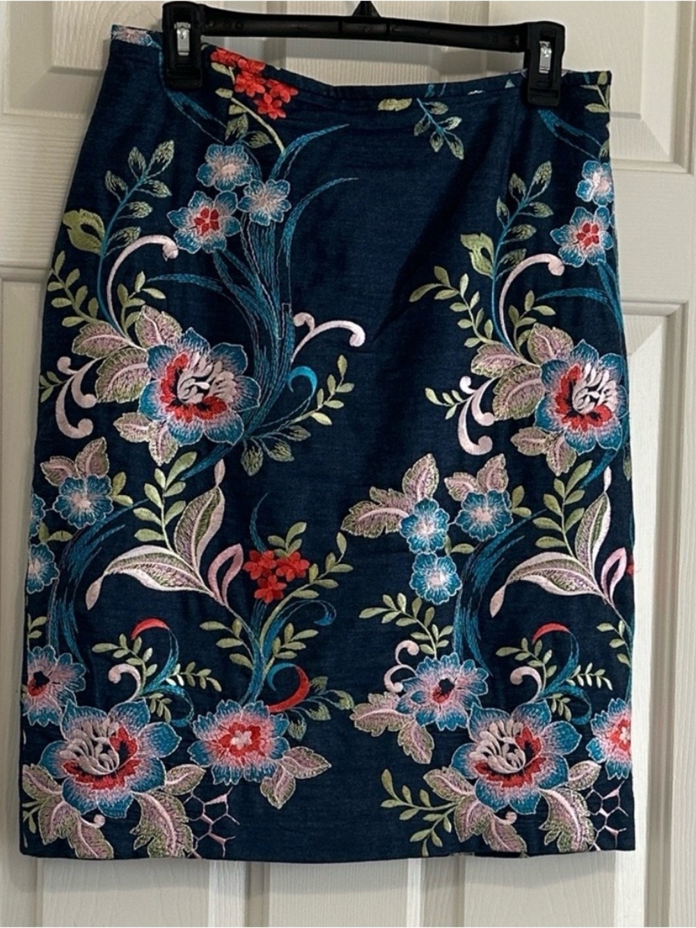 Navy Floral Embroidered Pencil Skirt